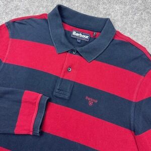 Barbour Polo Shirt Mens Large Red Blue‎ Striped Long Sleeve Rugby Cotton Pique